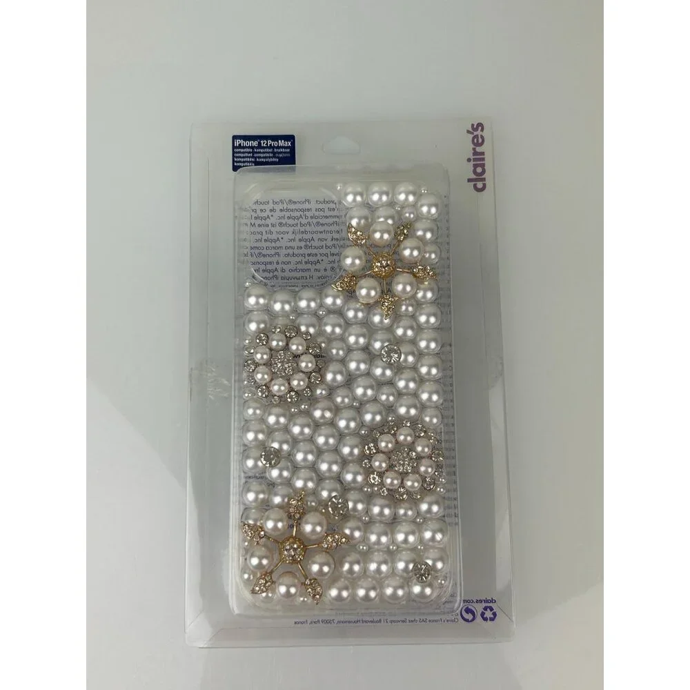 Claire's Iphone 12 ProMax Protective Phone Case White Pearl Rhinestone Floral